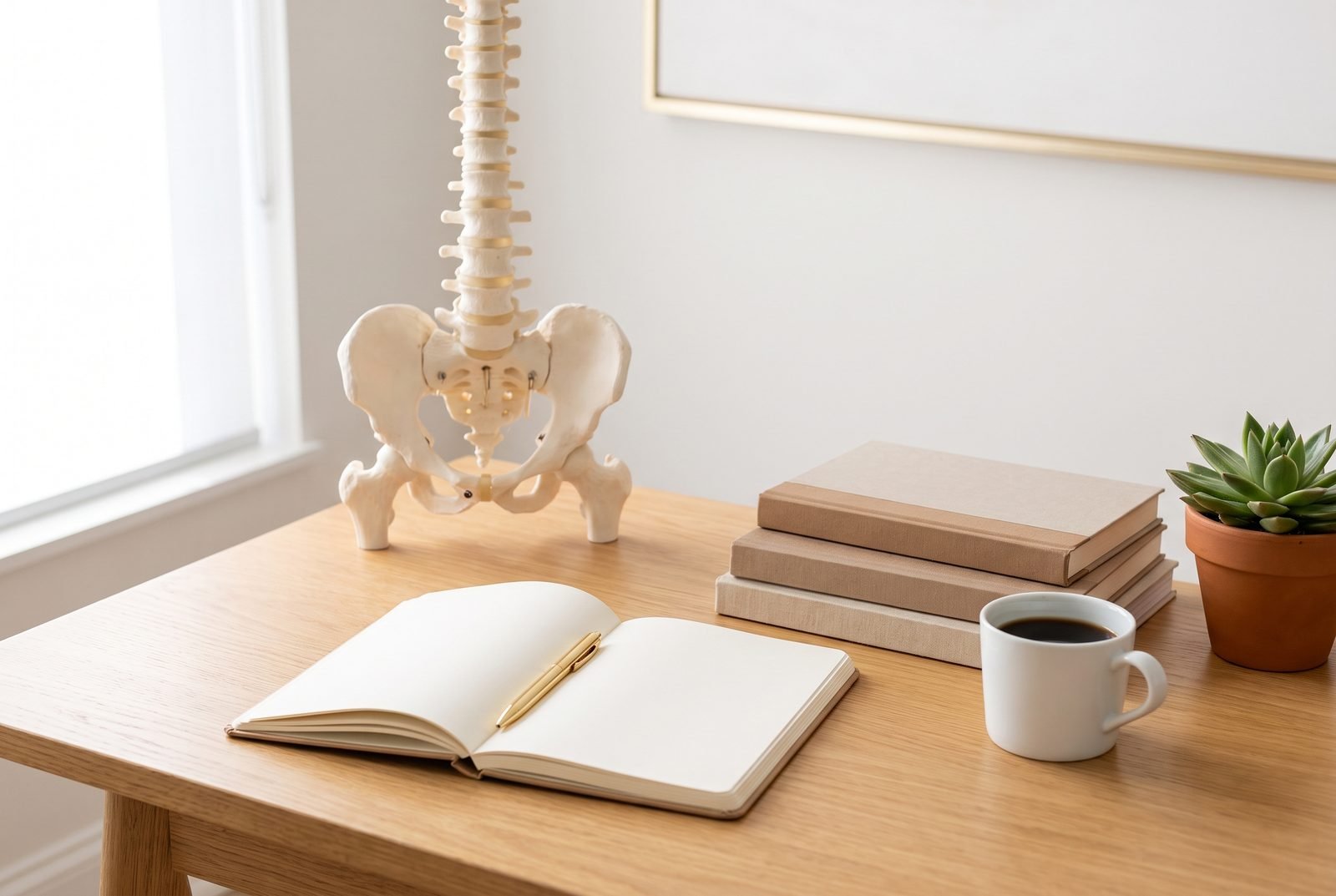 Mesa de consultório com modelo anatômico da coluna e da pelve, caderno aberto, livros e café