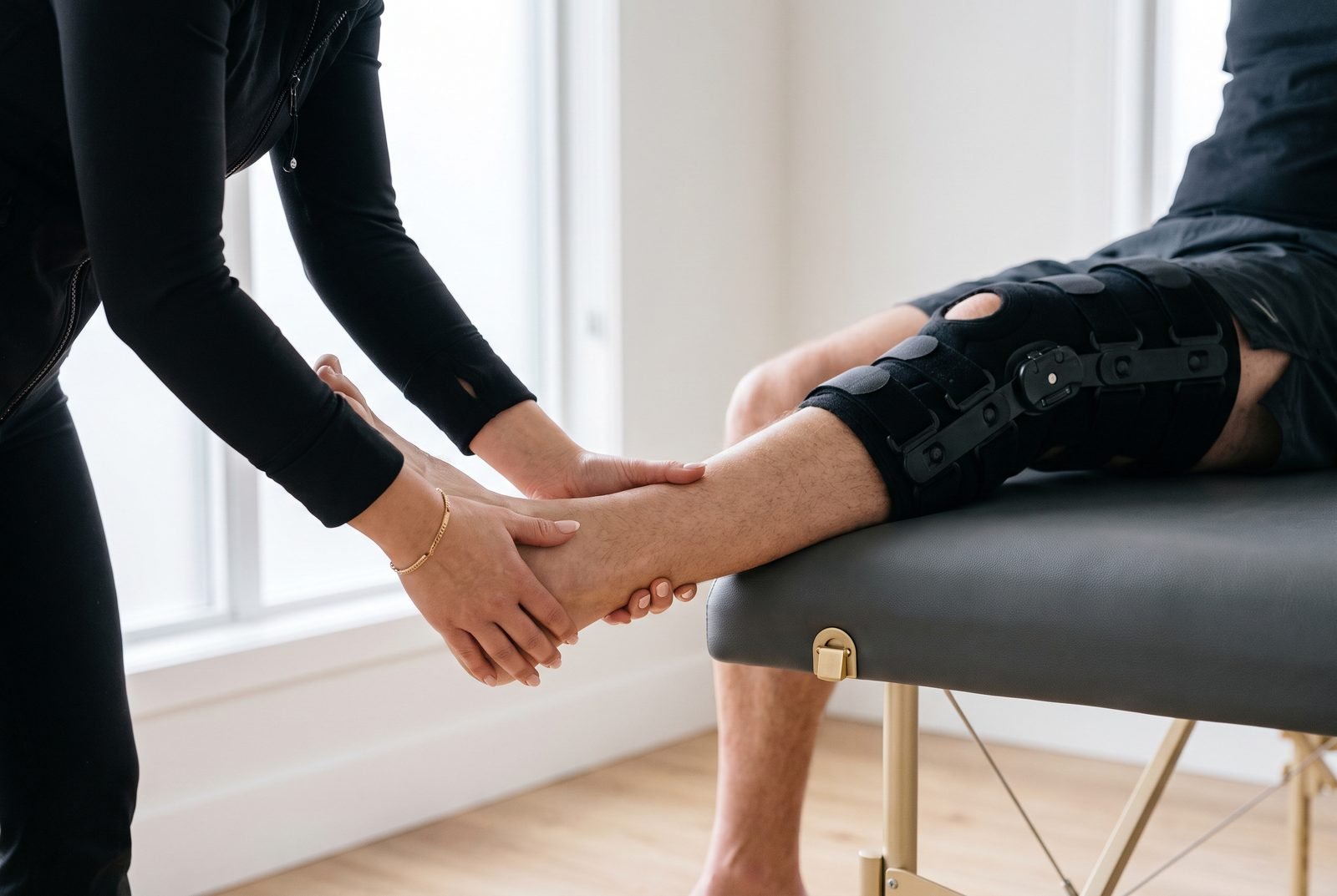 Fisioterapeuta apoia a perna de um homem com órtese de joelho em exercício assistido de pós-operatório